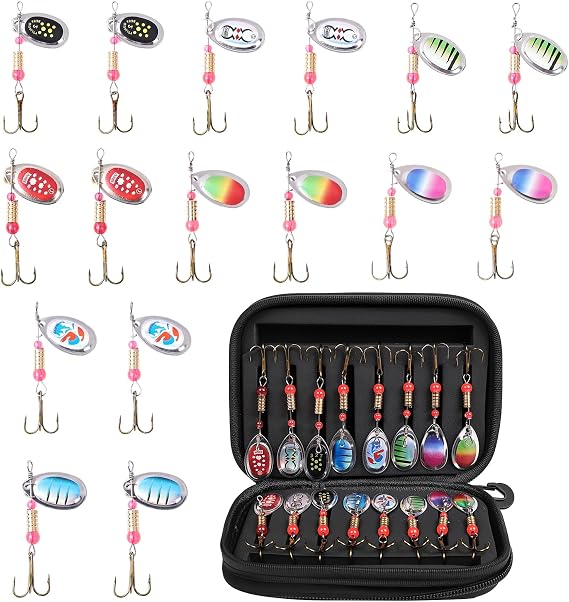 Vicloon Fishing Lures Set, 16 Pcs Fishing Baits Kit Fishings Lures Mixed Including Spinners, Jig Hooks, Bait, Sequins Spinner Fishings Lure with Hook, Lifelike Rotating Metal Fishinge Bait Set