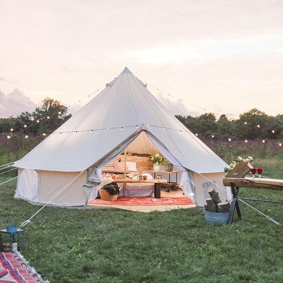 Cozy House Outdoor Waterproof Four Seasons Family Camping Cotton Canvas Bell Tent with Meshed Door and Windows