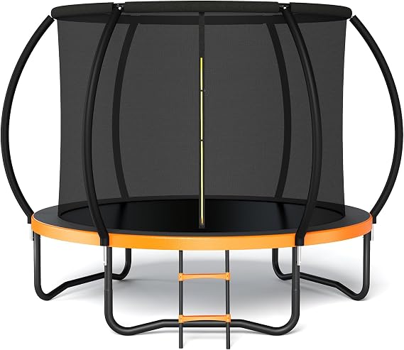 8FT Trampoline for Kids/Adults - Outdoor Recreational Trampolines with Enclosure Net Curved Poles and Ladder, Heavy Duty Trampoline Anti-Rust Coating, ASTM Approval