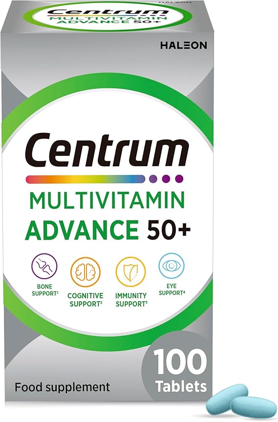 Centrum Advance 50+ Tablets Multivitamin & Mineral Supplements, with 24 essential nutrients, including vitamin D, C, Zinc, 100 ct (Product may vary).