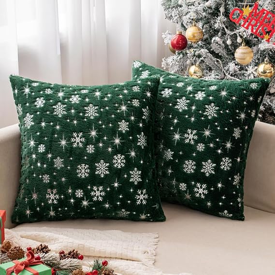 MIULEE Christmas Decorations Pillow Covers 16x16 Green Silver Snowflake