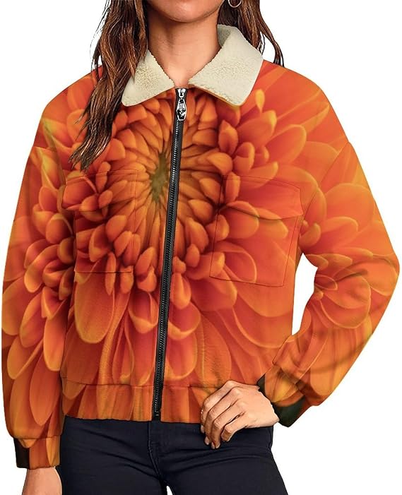 Women's Full Zip Soft Polar Fleece Jacket, Orange chrysanthemum Printed Coat, Long Sleeve Comfortable Outerwear