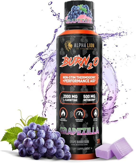 ALPHA LION Burn2O L-Carnitine Liquid 2000mg Stim Free Super Thermogenic Fat Burner with MitoBurn & CaloriBurn GP, Metabolism Booster, Zero Calorie, Sugar-Free (31 Servings, Grapezilla Flavor)