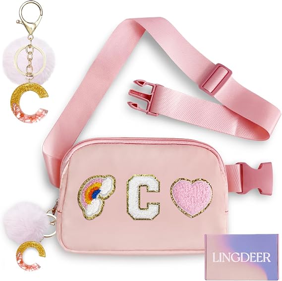Personalized Belt Bag with Keychain, Fanny Pack for Girls Women, Initial Birthday Gifts for Teen Girls Mom, Crossbody Bag, Small Waist Packs, Travel Essential Preppy Gifts (Pink C)