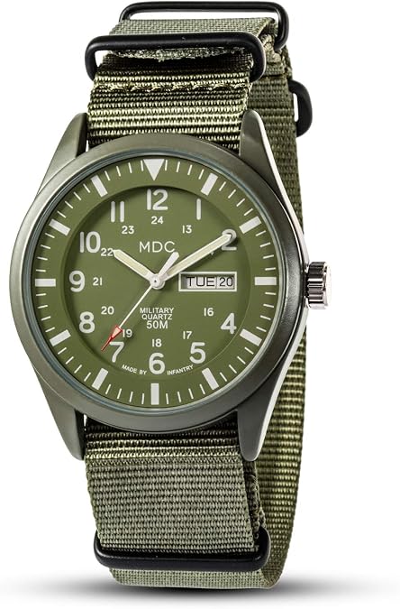 Infantry Mens Military Field Watch, Vietnam Style, 12/24H, Green Nylon Band