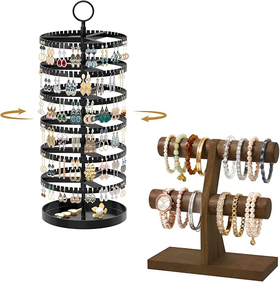 MODOWEY Rotating Adjustable Earring Holder Organizer Bracelet Display Stand, 342 Slots for Stud Hoop Earring Storage, 2 Tier Wooden T Bar Bangle Rack for for Women Men