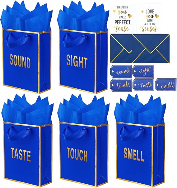 5 Senses Gift Bags for Him with Labels, Tissue Paper, Envelopes, Cards