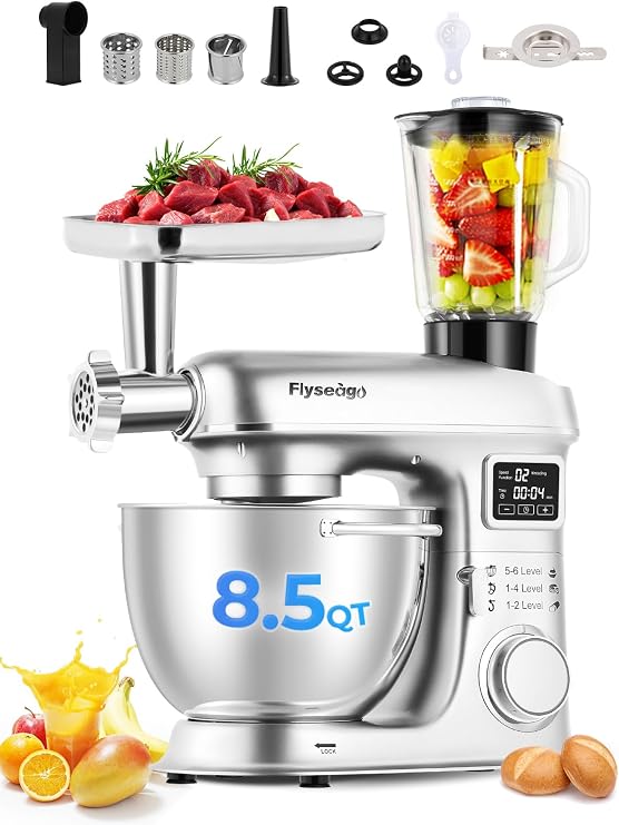 Stand Mixer 8-IN-1 8.5Qt 2000W 6 Speed Multifunction Fermentation | Electric Kitchen Mixer Tilt-Head with Stainless Steel Bowl, 1.5L Glass Jar Meat Grinder Dough Hook Whisk Pasta Attachment