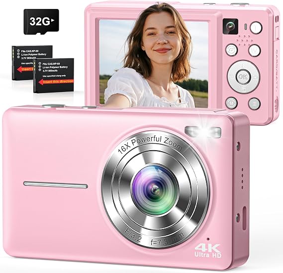 Digital Camera 4K 64MP Camera Double Camera with Auto Focus Flash 16X Zoom Anti-Shake 32GB Card Compact Vlogging Camera for Children Teenagers Adults Beginners Pink