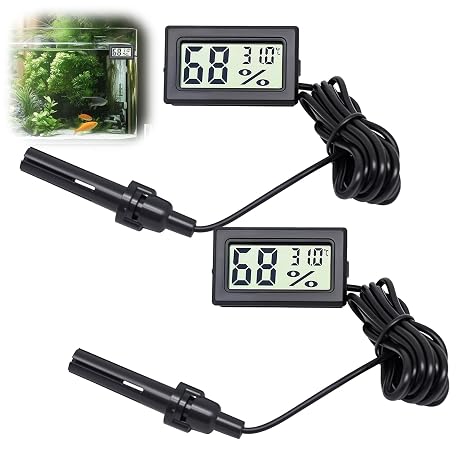 2 Pack Digital Thermometer Hygrometer, Mini LCD Temperature Humidity Gauge with 1.5m Probe for Reptile Tank Terrarium Incubator Aquarium Vivarium Greenhouse Guitar Case Office Home Accurate Readings