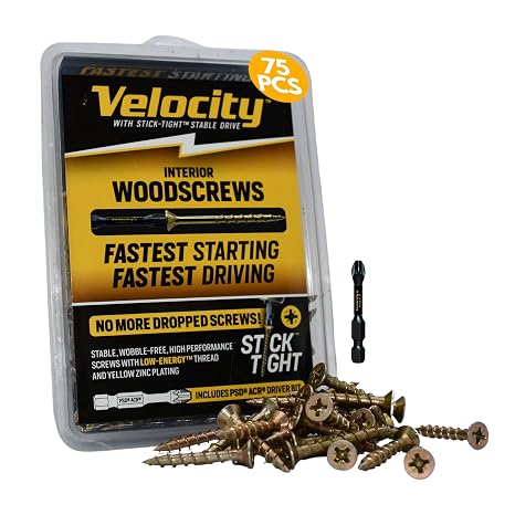 Velocity Interior 2 Inch Wood Screws DIY Pack (Size #8, 75 Pcs) Zinc and Yellow Coating, Stick-Tight Technology, Screw for Wood Working with PSD ACR Driver Bit