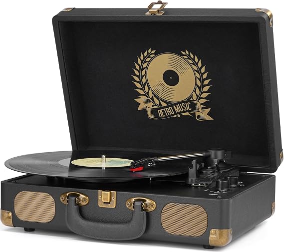 Mersoco Bluetooth Suitcase Vinyl Record Player Built-in stereo speakers