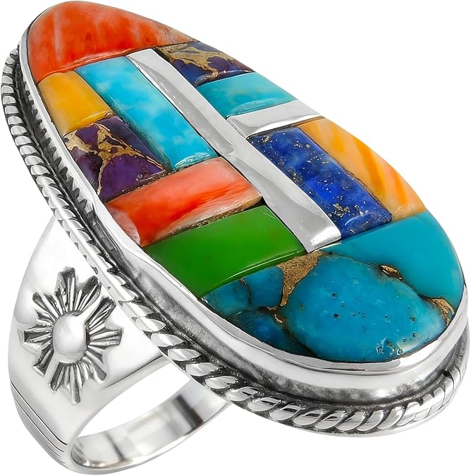 Sterling Silver Genuine Gemstones & Turquoise Ring (SELECT color)