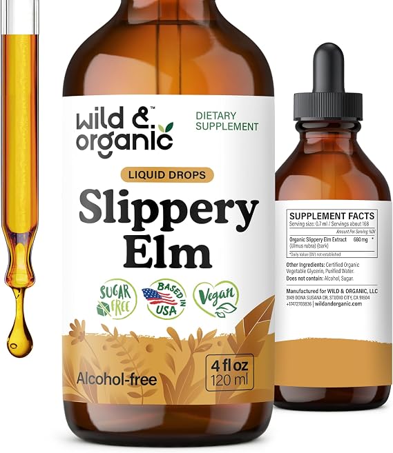 Wild & Organic Slippery Elm Liquid Drops - Lung & Digestive Support - 4 oz | Women's Support - Slippery Elm Bark Supplement - Add to Tea Tincture - Ulmus Rubra Herb - Vegan, No Sugar & Alcohol-Free
