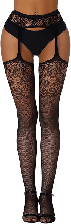 Verdusa Women's Fishnet Stockings Tights High Waist Cut Out Lace Fishnets Suspender Pantyhose