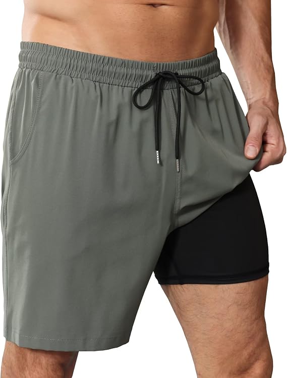 OYGSieg 2 in 1 Mens Swim Trunks 7 Inch Board Shorts Quick Dry Swim Shorts Suit with Pockets