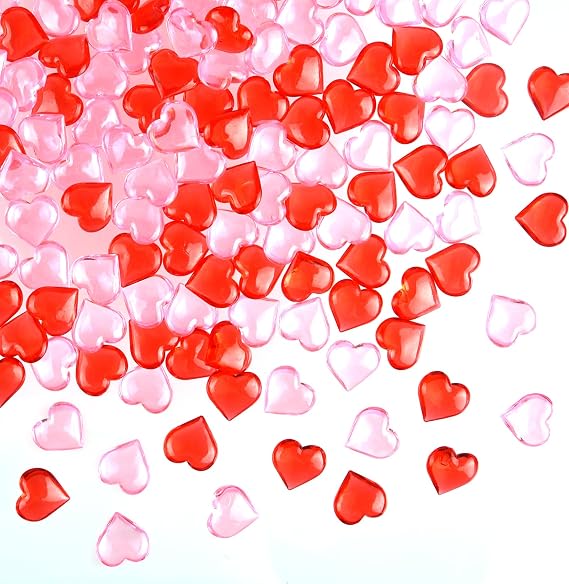 CHRORINE 70 Pcs Acrylic Heart Ornaments Translucent Hearts Shaped Gems Crystals for Table Scatter Decoration/Vase Fillers/Artwork in Valentine or Wedding Party- Red,Pink