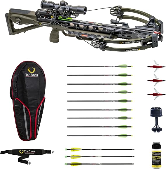 TenPoint Venom X Bundle - Includes 9 Pro Elite 400 Non-Lighted + 3 Pro Elite 400 Lighted Arrows, 3 EVO-X CenterPunch Broadheads, Narrow Soft Case, Neoprene Sling & Premium Lubricant