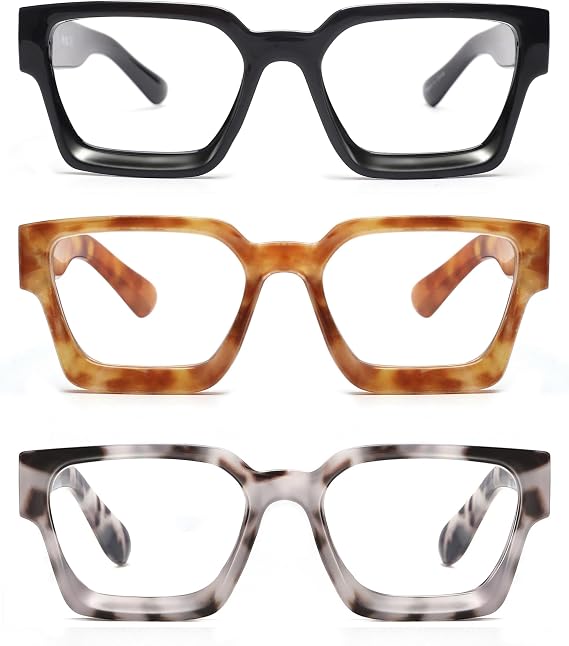 JM 3 Pack Square Reading Glasses for Women Men,Spring Hinge | Rectangle,Blue Light Blocking,Oversized Readers