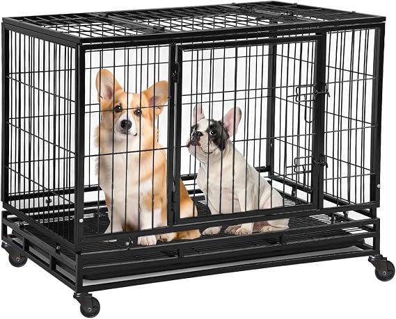 36 Inch Large Dog Crate Dog Kennel Indoor Outdoor Big Dog Cage Dog Crates for Large Medium Small Dogs Heavy Duty Dog Crate Metal Indestructible XXL XL Dog Crate Pet Cage with Wheels Tray Double Door