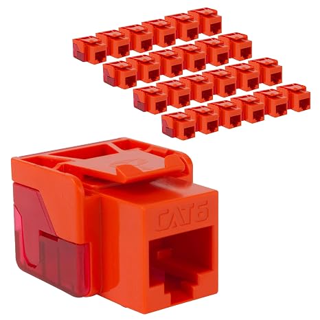 ICC CAT6 Keystone Jack with Inline IDC No Pair Split Wiring (Easier Termination) UL Listed PoE++ TAA Compliant for Wall Plate or Patch Panel, Works with JackEasy Termination Tool, Orange, 25 Pack