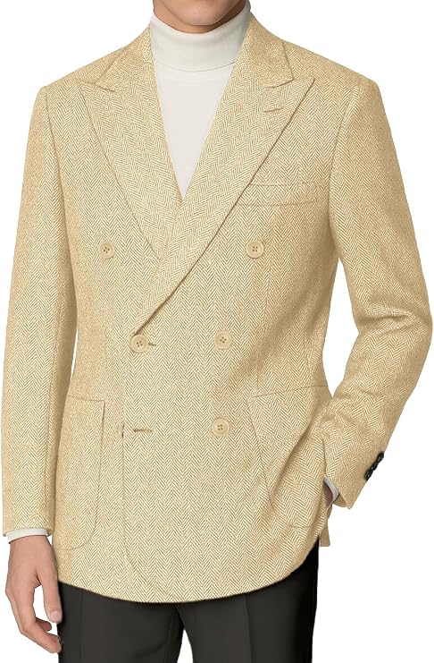 Retro Tweed Blazer Men Herringbone Double Breasted Jacket Wool Blend Coat