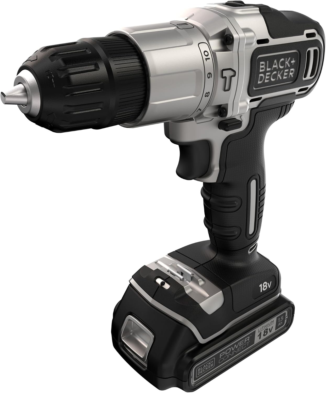 Black  Decker Silver Series BDCHD18SC2K-QW 18V 1.5Ah Double Battery Hammer Drill  ACC 2x18V 1.5Ah Battery, 10 drill bits  10 dowels and 10 screws, Charger Kitbox