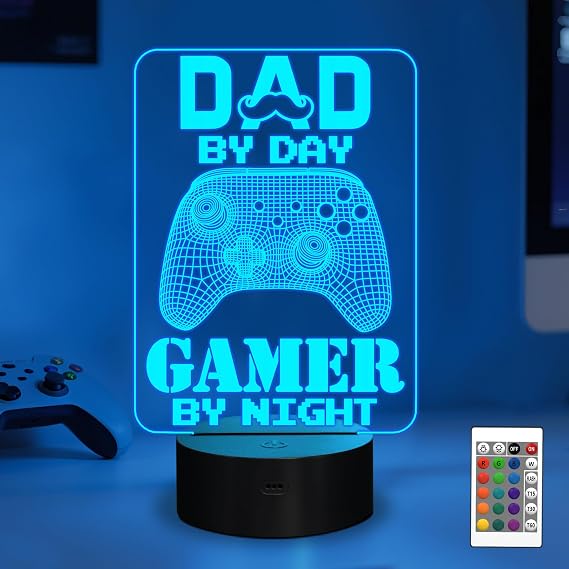 YuanDian Gamer Gifts, Dad By Day Gamer By Night Funny 3D Illusion Lamp 16 Colors Changing Touch & Remote Control, Desk Decor
