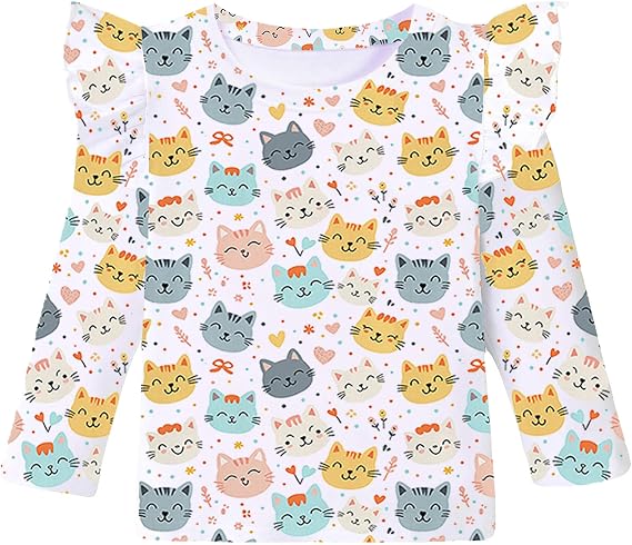 Tkria Girls Cartoon Cat Shirt Toddler Graphic Long Sleeve Top Colorful Meowy Tee for Kid Ruffle Tshirt Outfit Fall Clothes 6T