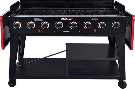 Royal Gourmet GB8003 8-Burner Propane Gas Grill with Foldable Side Tables, Large Propane BBQ Grill with Porcelain-Enameled Steel Wire Grates for Outdoor Party or Backyard Grilling, Black