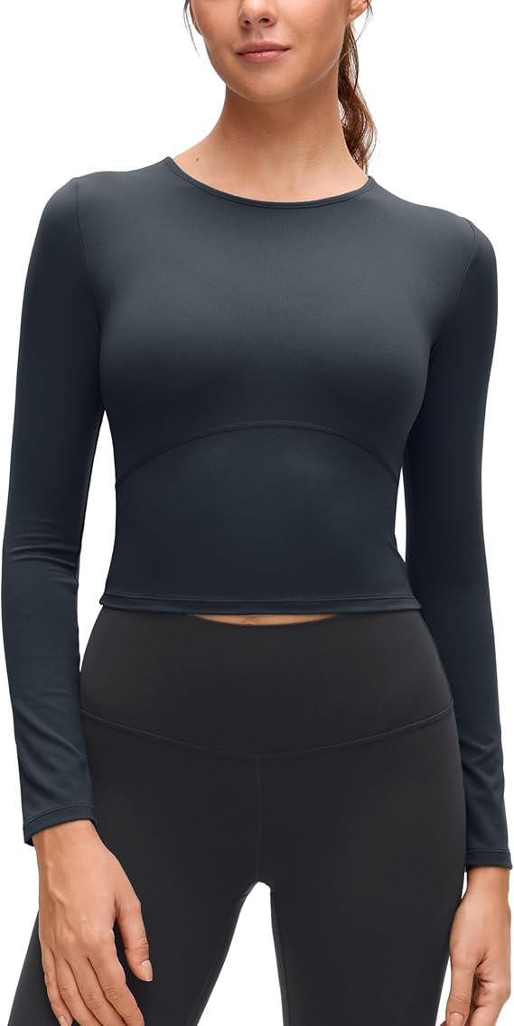 CRZ YOGA Butterluxe Scoop Neck Long Sleeve Shirts for Women - Workout Athletic Casual Tops Crop Slim Basic Tight Shirt