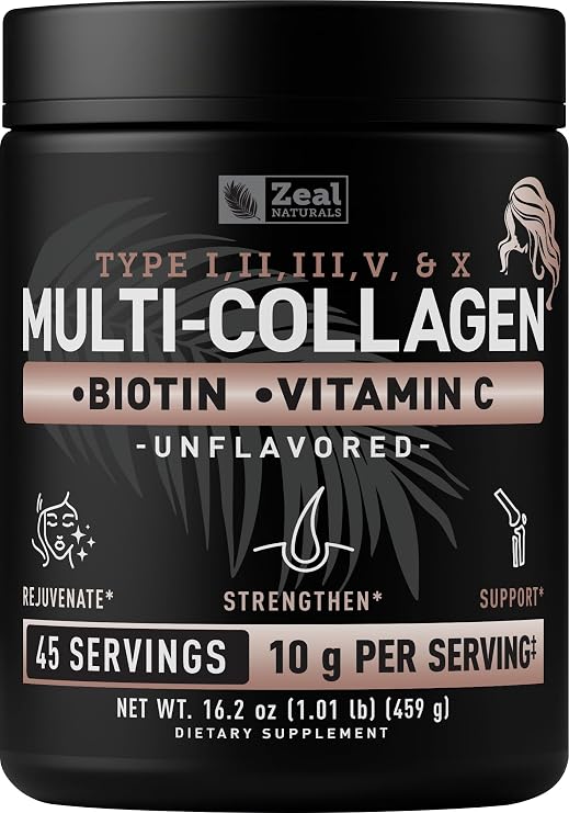 Zeal Naturals Multi Collagen Protein Peptides Powder Types I II III V X - Vitamin C, Biotin & Hyaluronic Acid - Hair, Skin & Nails - Marine, Bovine, Chicken & Eggshell - Unflavored, 45 Servings