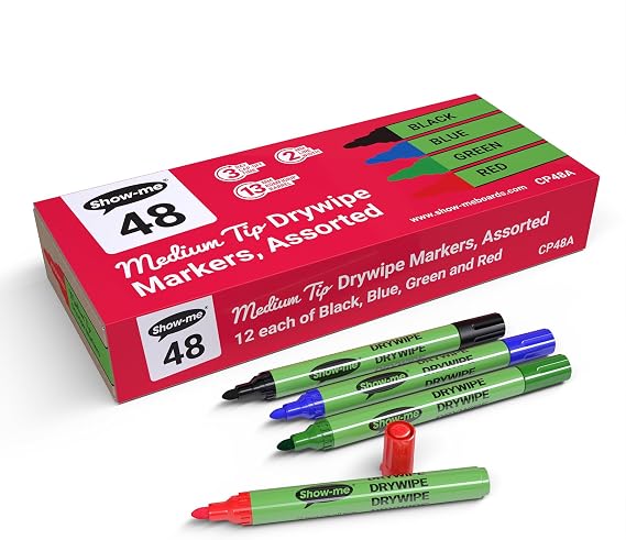 SHOW-ME Medium Tip Drywipe Pens 48-Pieces, Assorted Colour