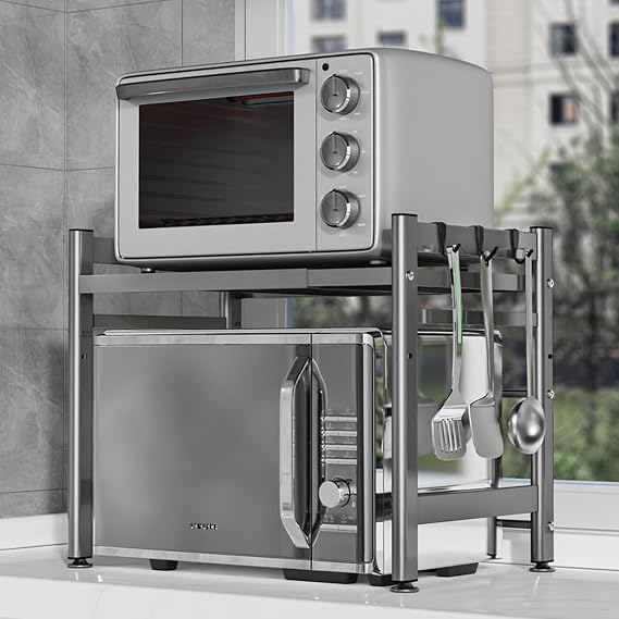 Microwave Oven Rack,Grey,2 Tier Expandable with 6 Hooks