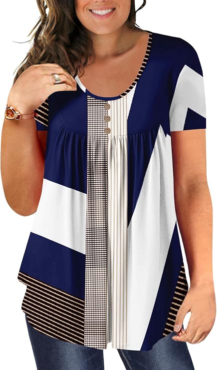 BeadChica Women's Plus Size Tunic Tops Casual Flowy Tshirts Ruched Botton Up Short Sleeve Blouses-Floral-3XL White Blue