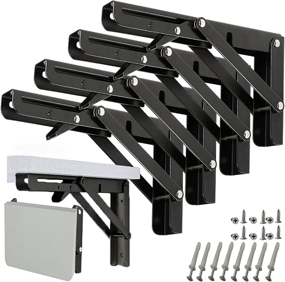 10 Inch Folding Shelf Brackets - 4 Pack Heavy Duty Brackets with 90° Lock Wall Mounted Collapsible Triangle for Floating Shelves/ Fold Down Shelf/ Table/ Bookshelf/ Kitchen - Space Saving DIY Storage