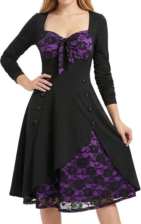 Women Halloween Plus Size Open Shoulder Lace Half Sleeve Gothic Dress Swing Steampunk Gothic Dress Burgendy
