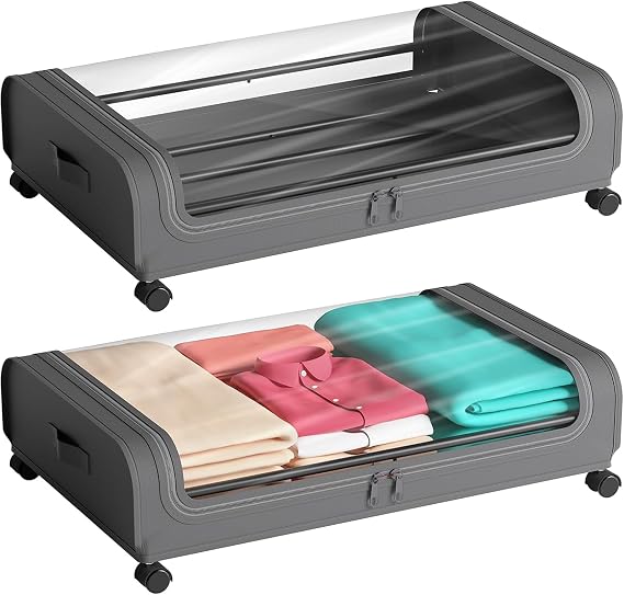 2-pack under bed storage box with wheels and lid storage box, 48L rolling metal frame transparent window storage bag home bedroom under sofa storage clothes shoes toys blankets gray