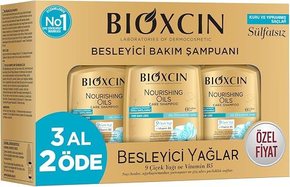 Bioxcin Besleyici Yağlar Şampuan 3 x 300 ml – Kuru ve Yıpranmış Saçlar İçin, 9 Çiçek Yağı, Pantenol ve BioComplex B11 İçerikli, Sülfatsız
