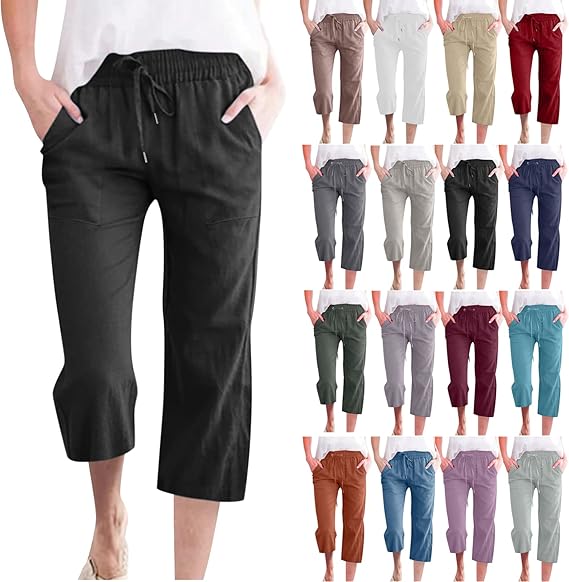 Summer Pants for Women Casual 2024 Summer Drawstring Elastic High Waist Linen Pant Straight Wide Leg Cropped Trousers