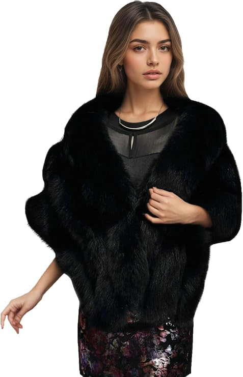 ELFJOY Luxury Faux Fur Shawl for Women Winter Fur Coat Wedding