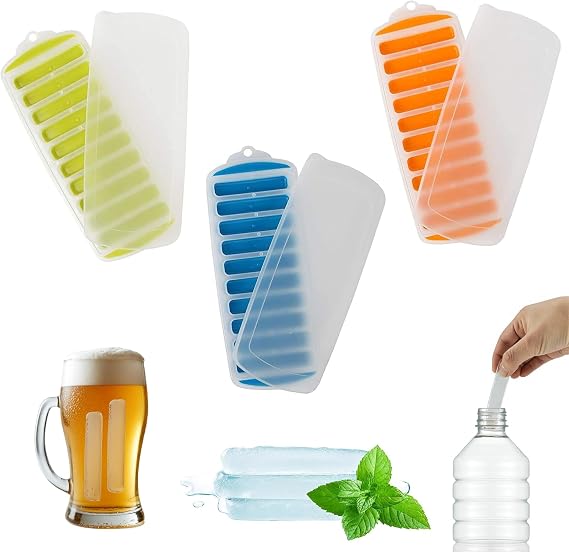 Lily's Home Water Bottle Ice Cube Tray - Silicone Ice Stick Set with Lids - 3 Skinny Reusable Trays, 30 Long Sticks for Bottles