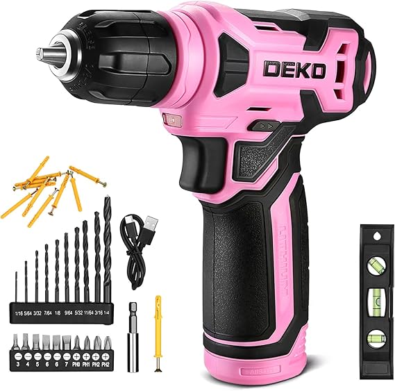 DEKOPRO 8V Cordless Drill Set, 3/8" Keyless Chuck, 42pcs Accessories, Built-in LED, Type-C Charge, Pink Power Drill for Drilling and Screws