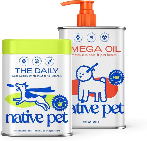 Native Pet Pack Leaders Bundle: Daily Multivitamin (30 Scoops) & Omega Oil for Dogs (16 oz.) - Omega 3 Fish Oil for Healthy Skin, Shiny Coat, Strong Joints & Daily Multivitamin for Dogs