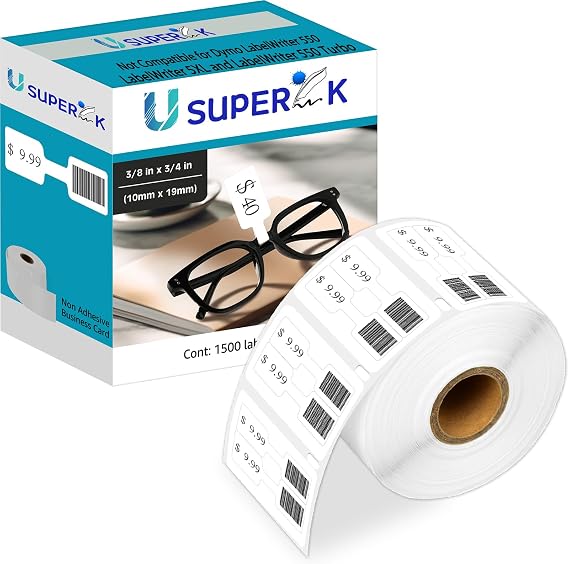 [1 Roll, 1500 Labels/Roll] Compatible for Dymo 30299 3/8" x 3/4" White Self-Adhesive Barbell Style Jewelry/Price Tag Labels for LabelWriter 300 310 450 Duo 4XL Printer [NOT FIT 550 & 5XL]