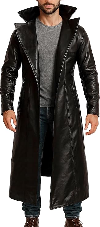 Gothic Black Full Length Long Black Leather Trench Coat