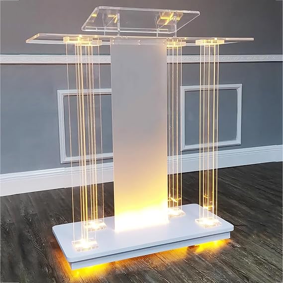 HM&DX Acrylic Church Pulpit with LED Lights,Transparent Podium Stand with Wheels,Movable Personalized Lectern Stand Reading Platform for Church,Meeting,Wedding