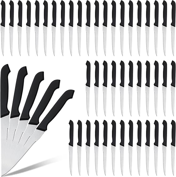 Therwen 50 Pcs Steak Knife Set, Black Plastic Handle