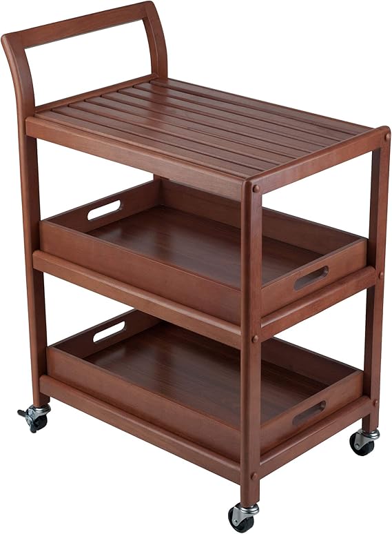 Winsome Albert 3-Tier Serving Cart, 33" in Walnut, Rolling Utility Bar Cart with Wheels for Snacks, Drinks, Kitchen Essentials, Storage & Organization for the Home or Apartment