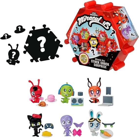 Miraculous Bandai Ladybug And Cat Noir Shack Stack Surprise Box With Figurine | Collectible Kwami Figure with 2 Accessories | 6 Themed Environments to Collect | Blind Box Only 1 Figure Per Each Box
